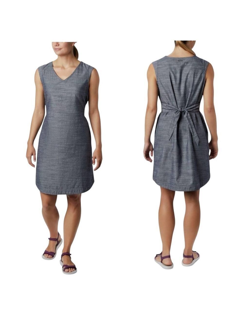 Columbia Blue Summer Chill Shift Dress Organic Cotton Tie Waist Size L